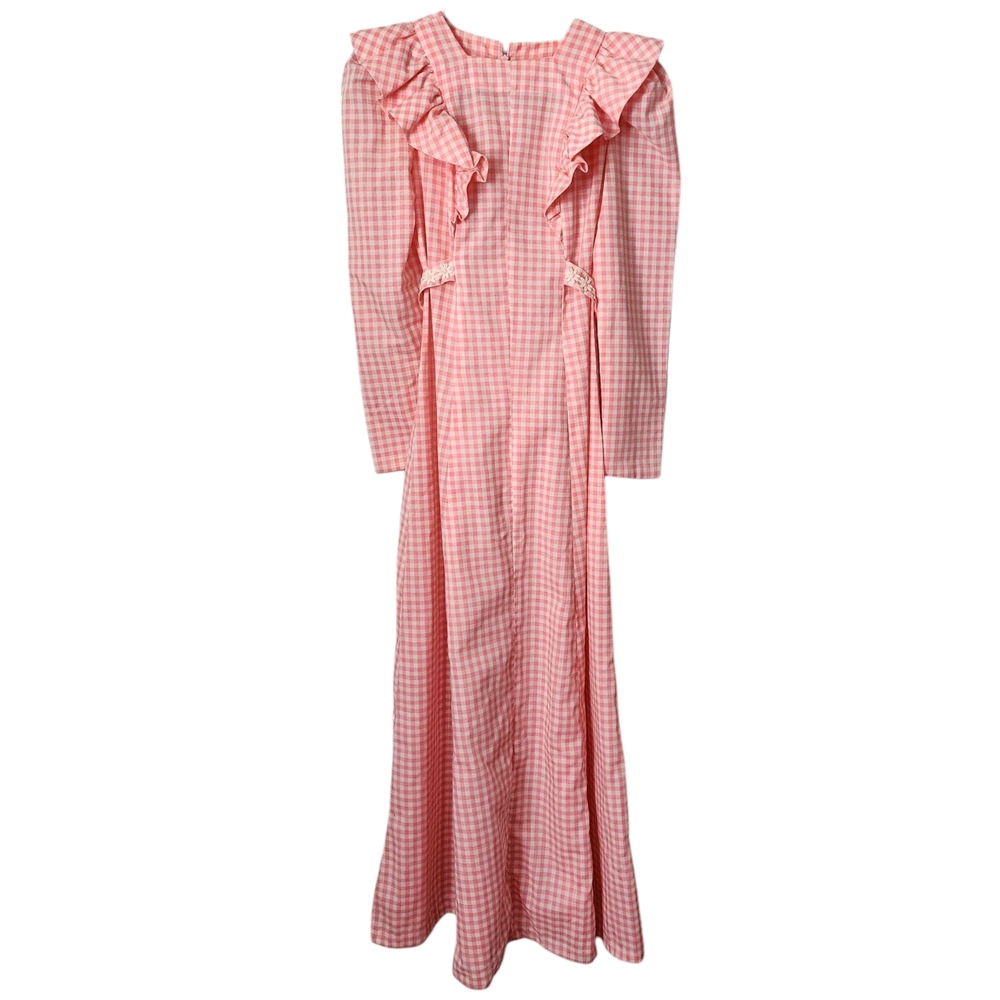 VINTAGE‎ handmade 70's Gingham Ruffle Dress in Pink White Daisy Belt